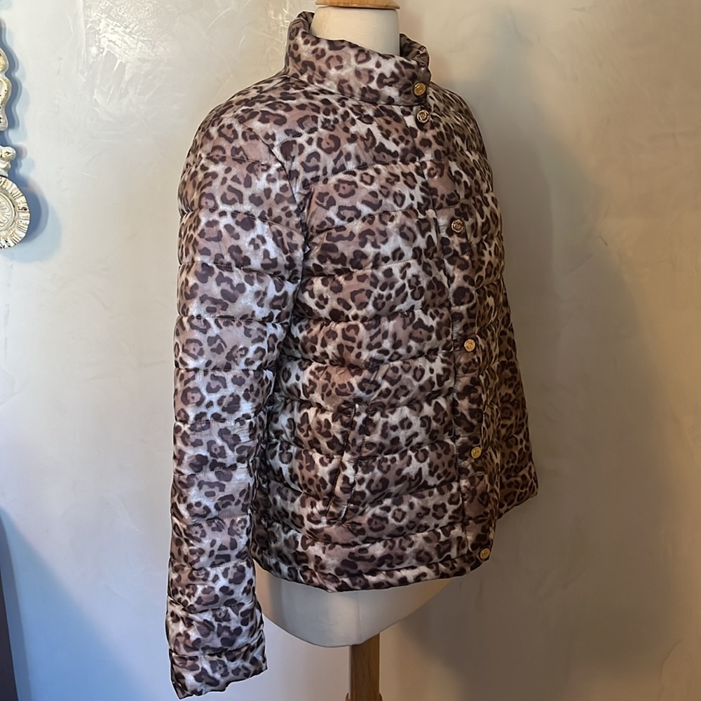Bernardo Packable Puffer Brown & Cream Leopard Print Jacket lightweight Size  M - Picture 4 of 16